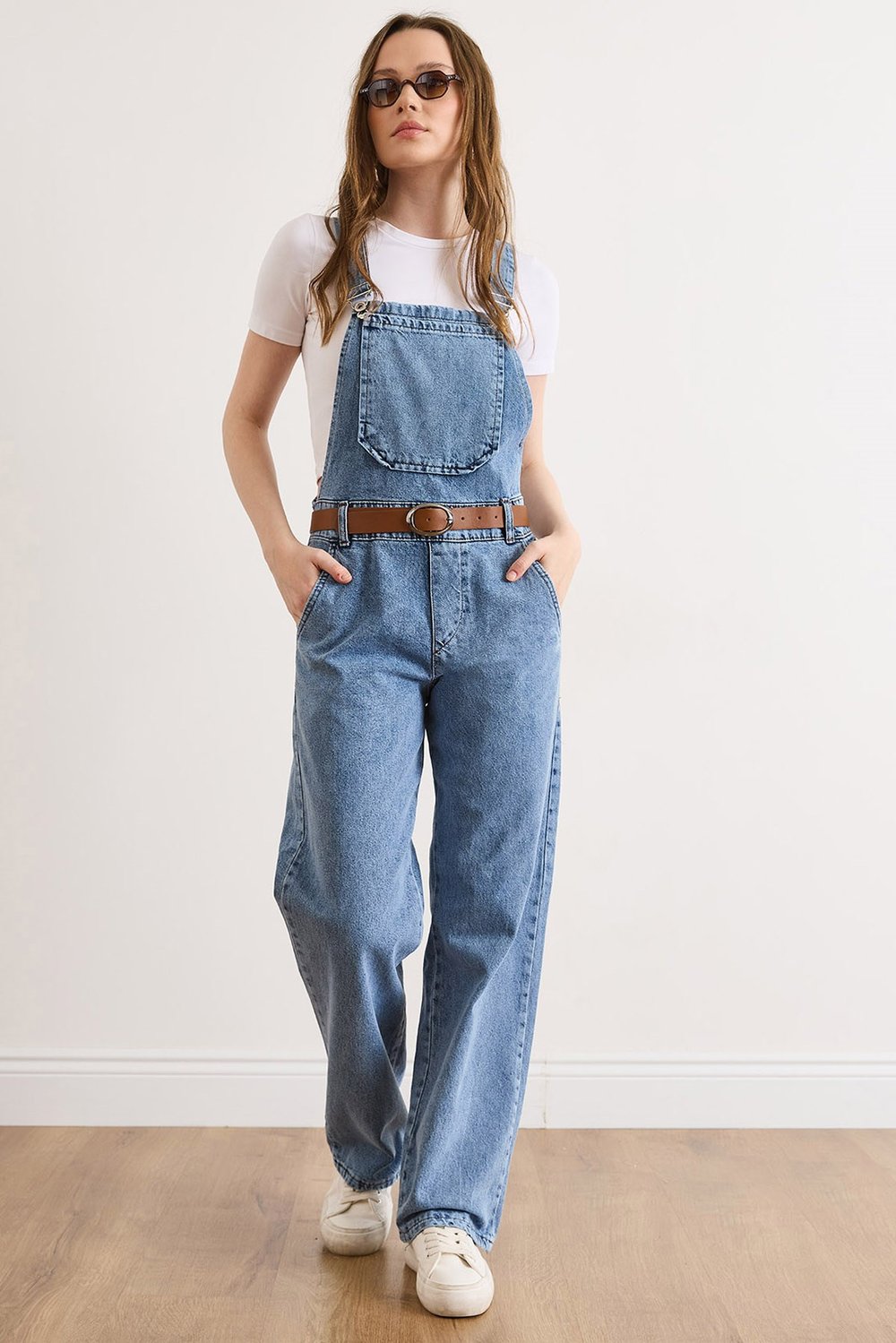 Kemerli Cepli Salopet Denim Tulum Açık Mavi