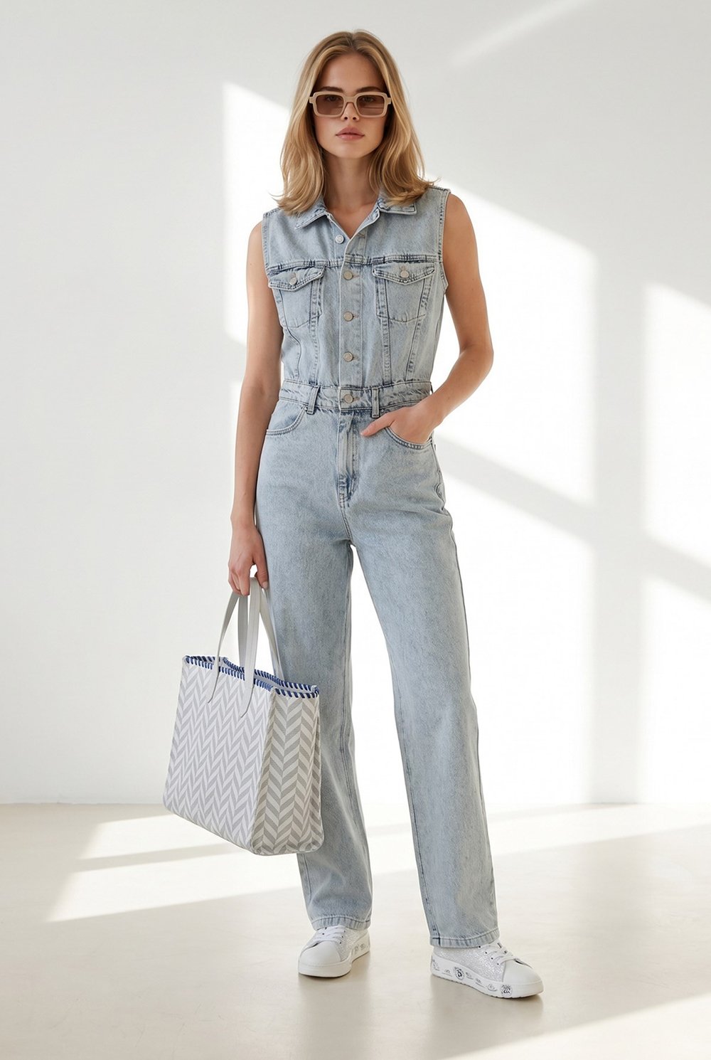 Kolsuz Cepli Denim Tulum Açık Mavi
