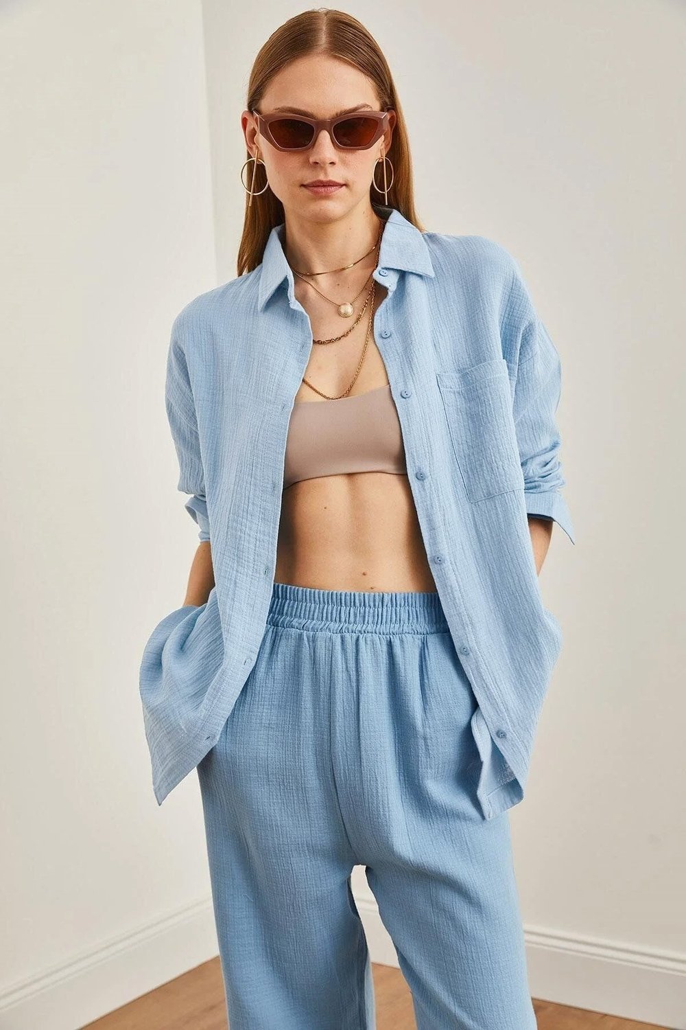 Oversize Basic Müslin Gömlek Bebe Mavi