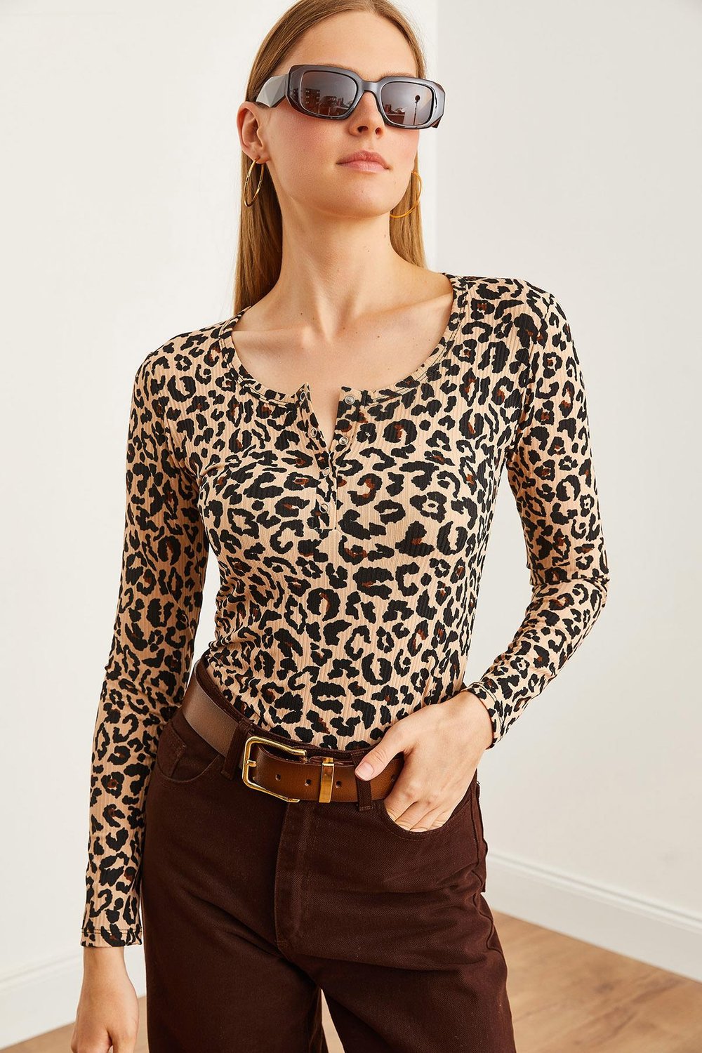 Patlı Kaşkorse Bluz Leopar Bej