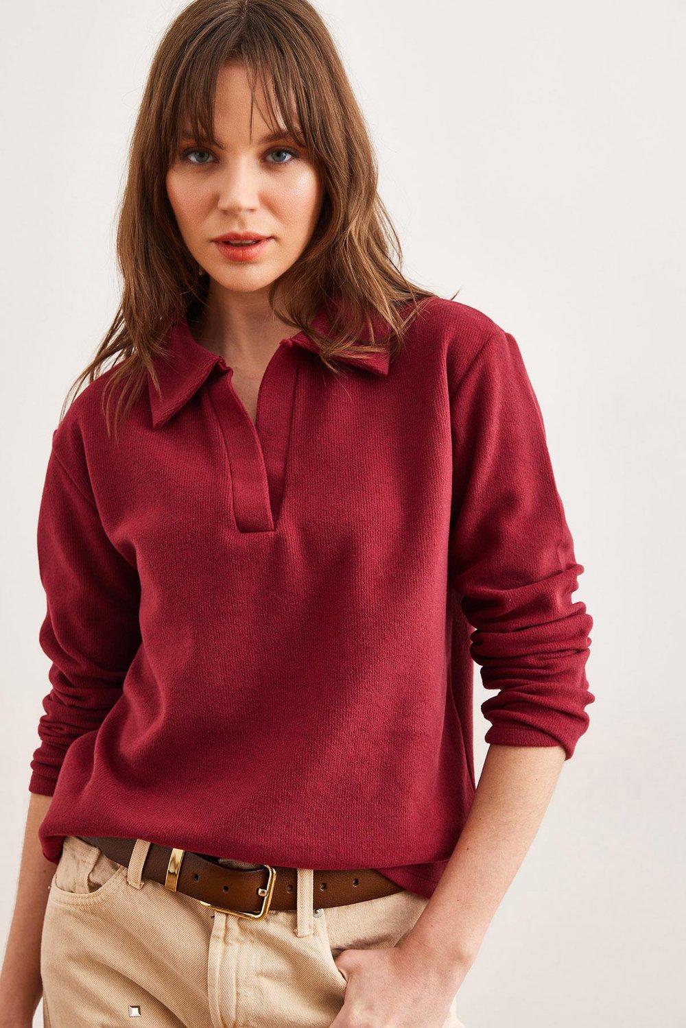 Polo Yaka Selanik Bluz Bordo