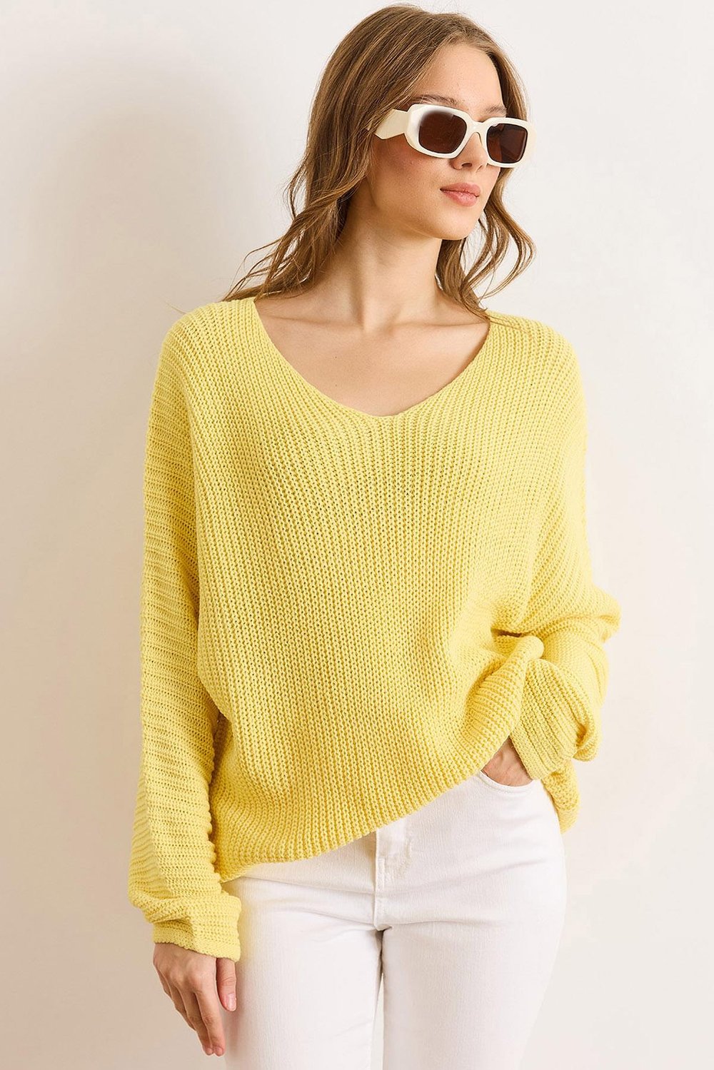 V Yaka Selanik Örgü Oversize Triko Tunik Açık Sarı