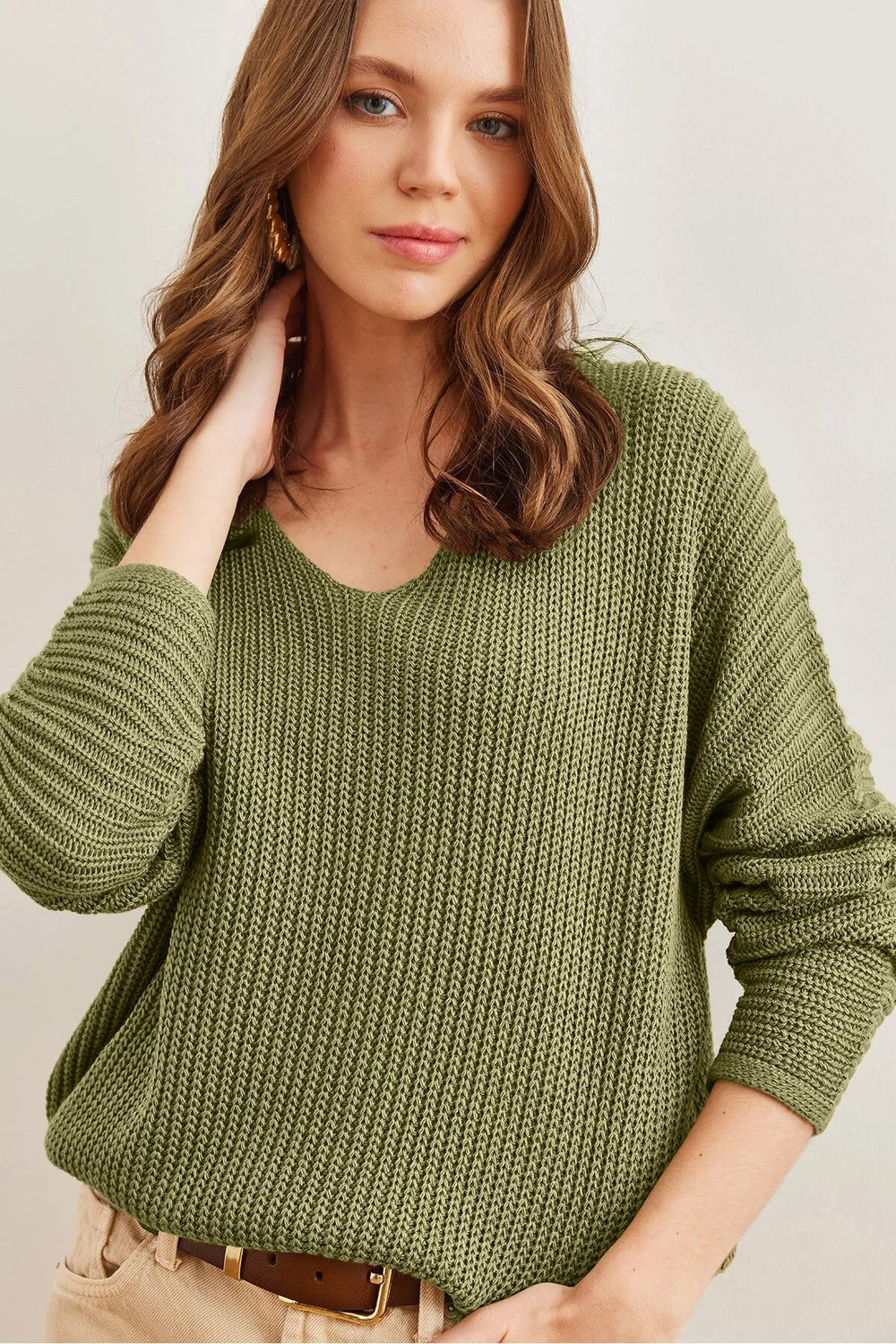 V Yaka Selanik Örgü Oversize Triko Tunik Açık Haki