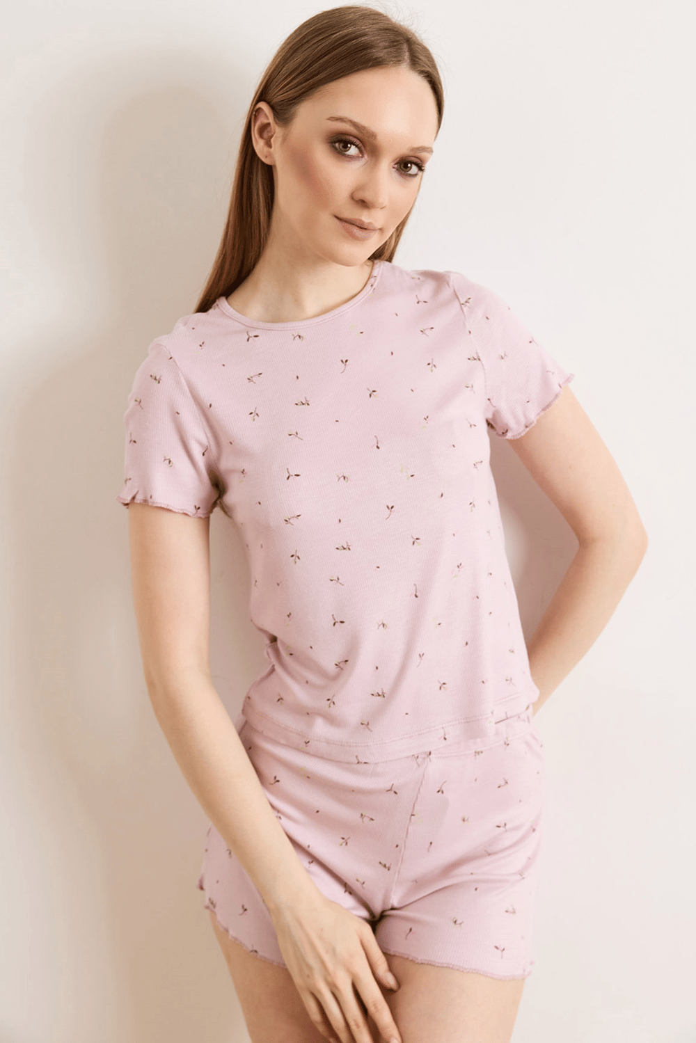 Viskon Şortlu Pijama Takımı Lila Yaprak