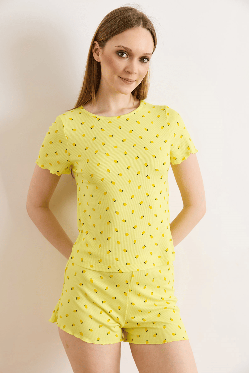 Viskon Şortlu Pijama Takımı Sarı Limon
