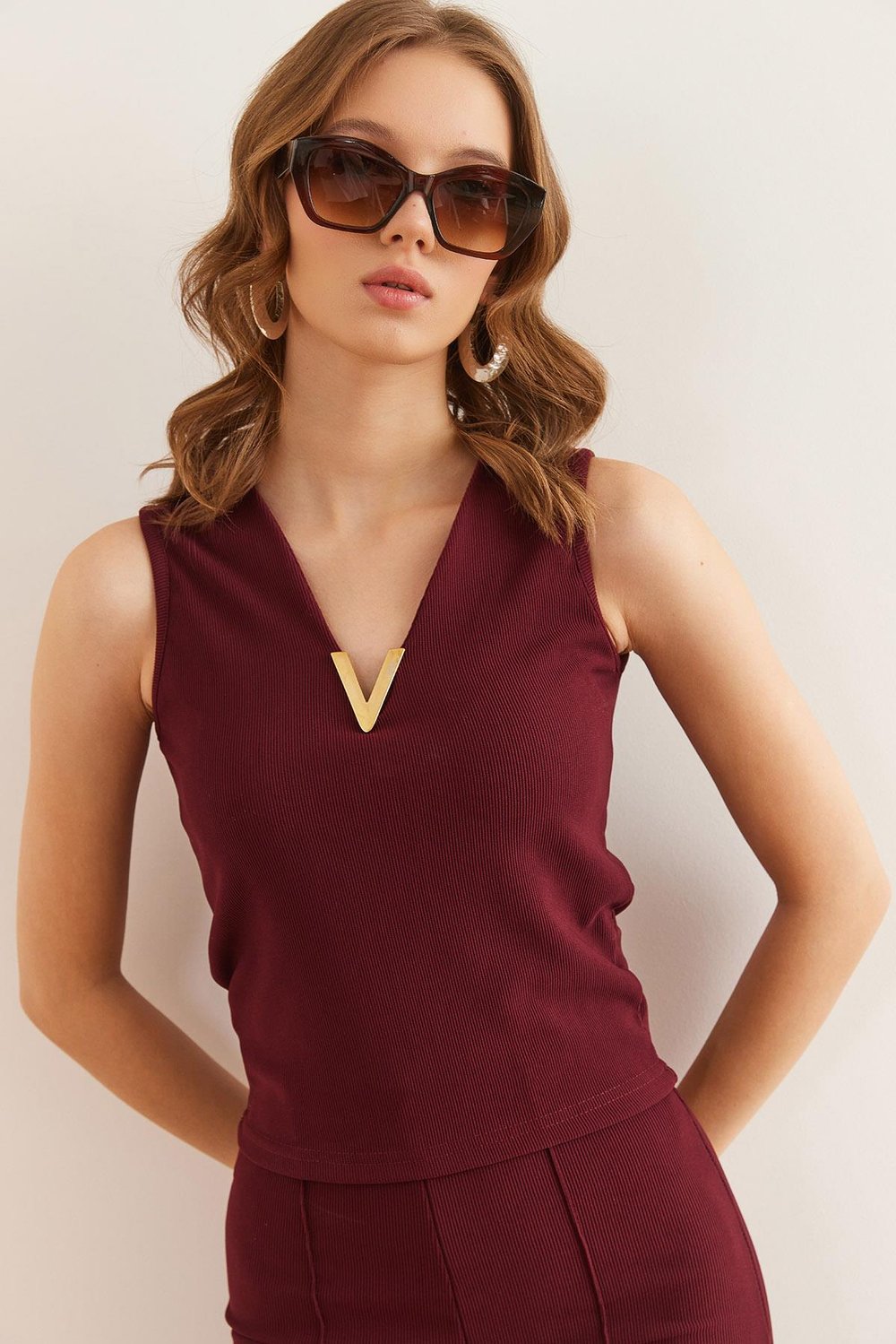 Yaka Garnili Crop Fitilli Bluz Bordo