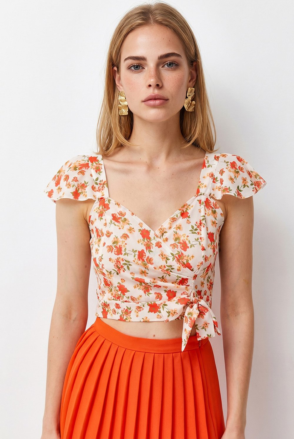 Yandan Fermuarlı Crop Krep Bluz Bej Mercan