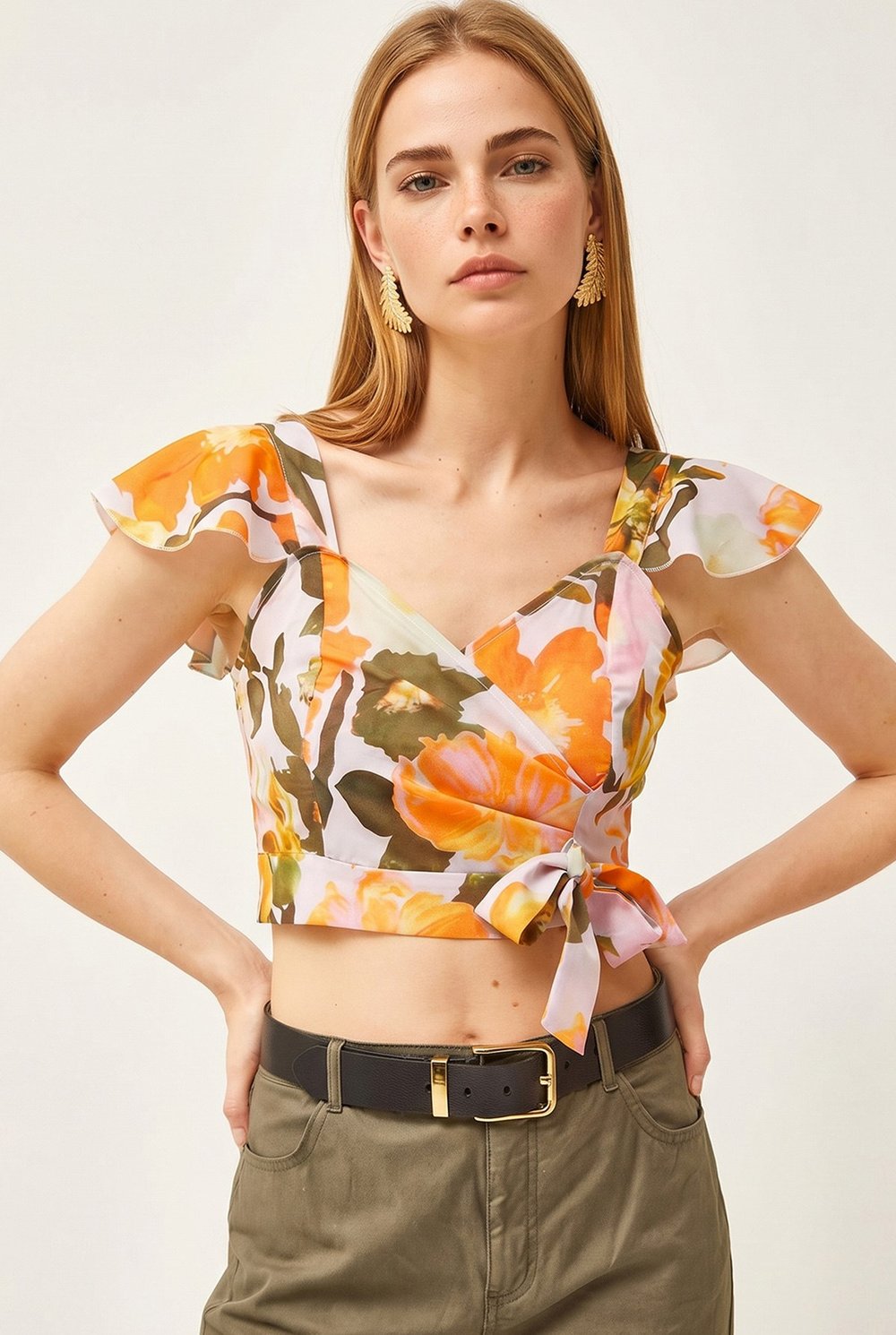 Yandan Fermuarlı Crop Krep Bluz Büyük Çiçek Turuncu
