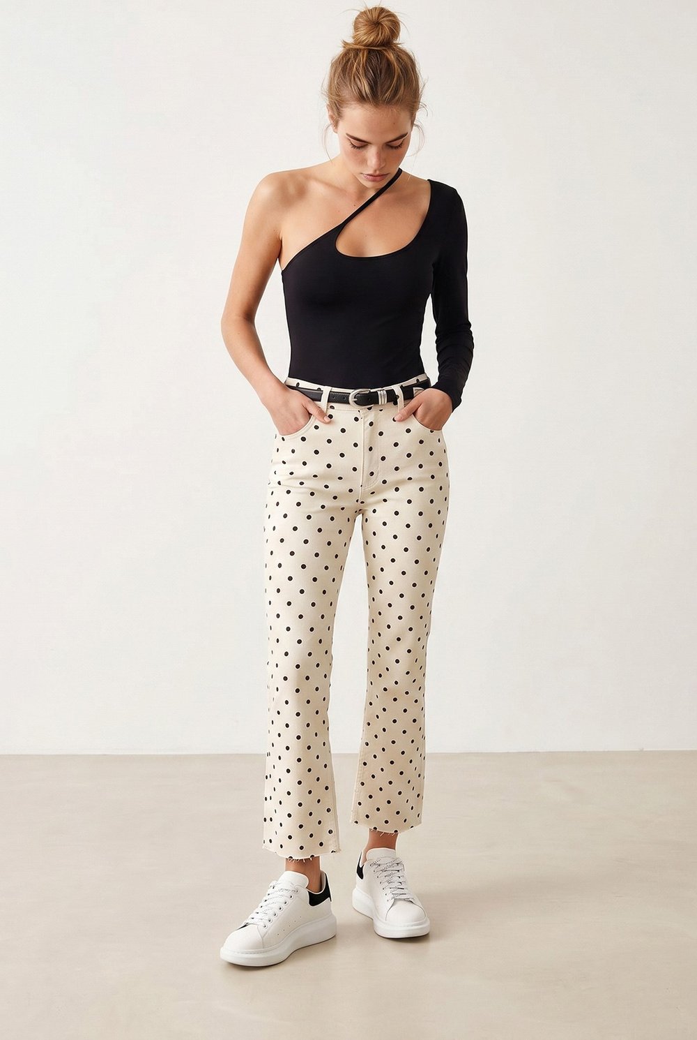 Yüksek Bel Skinny Jean Puantiye Krem Kahve