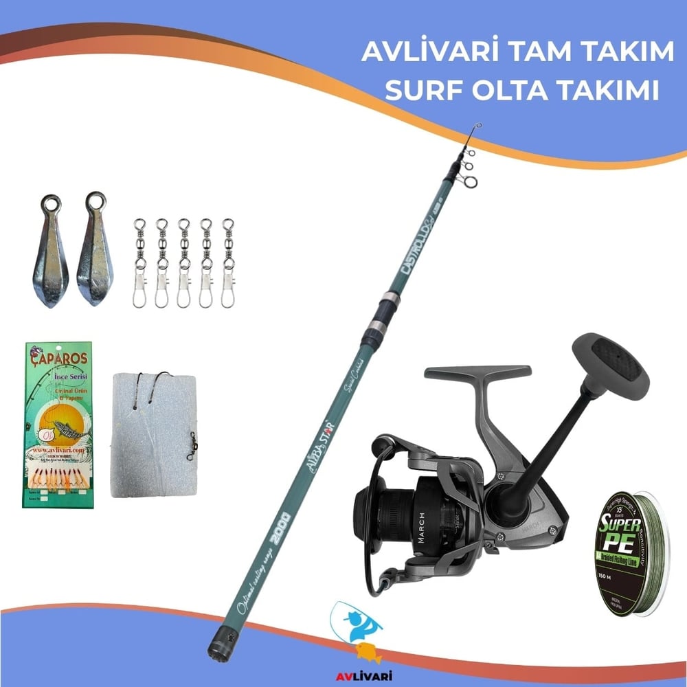 Avlivari AlbaStar Castrollo 420 cm 100-200 gr Carbon Surf Olta Seti + AlbaStar March 6000 Metal Olta Makinesi Tam Takım Kıyı Balıkçılığı