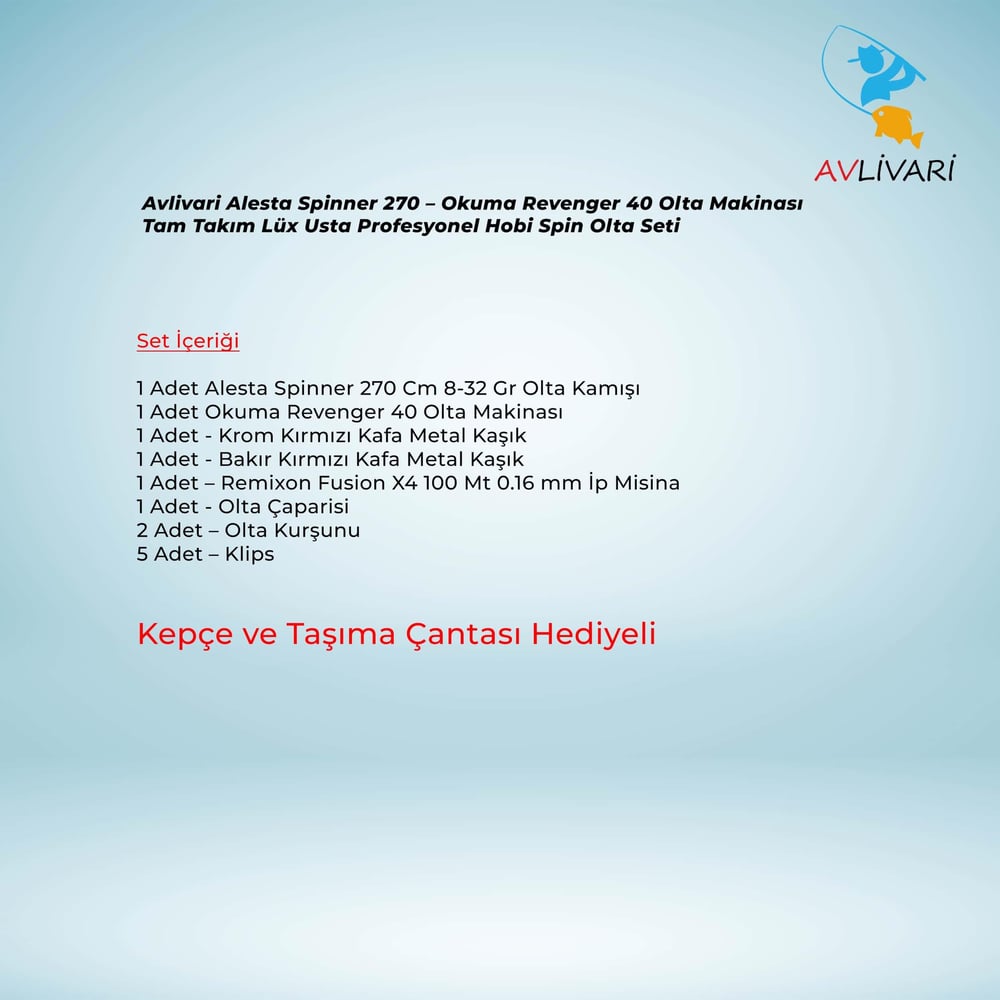 Avlivari Alesta Spinner 270 – Okuma Revenger 40 Olta Makinası Tam Takım Lüx Usta Profesyonel Hobi Spin Olta Seti
