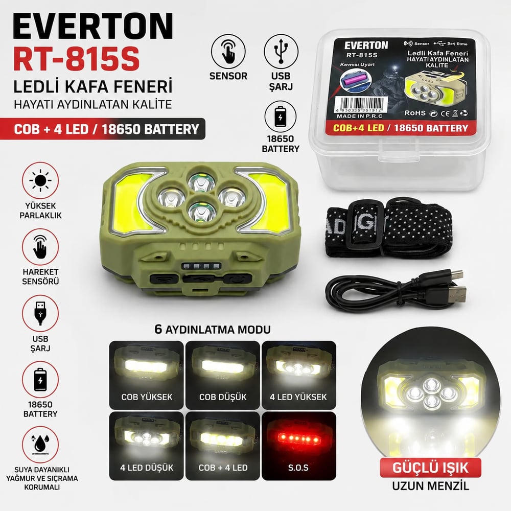 Everton RT-815S Şarjlı LED Kafa Feneri Sensörlü COB + 4 LED