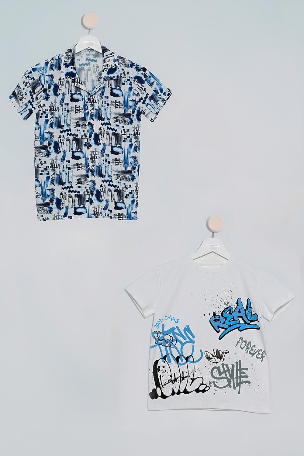 2'li Asimetrik Baskılı Gömlek Tshirt Sax Takım For You Kids 2'li Asimetrik Baskılı Gömlek Tshirt Saks Takım