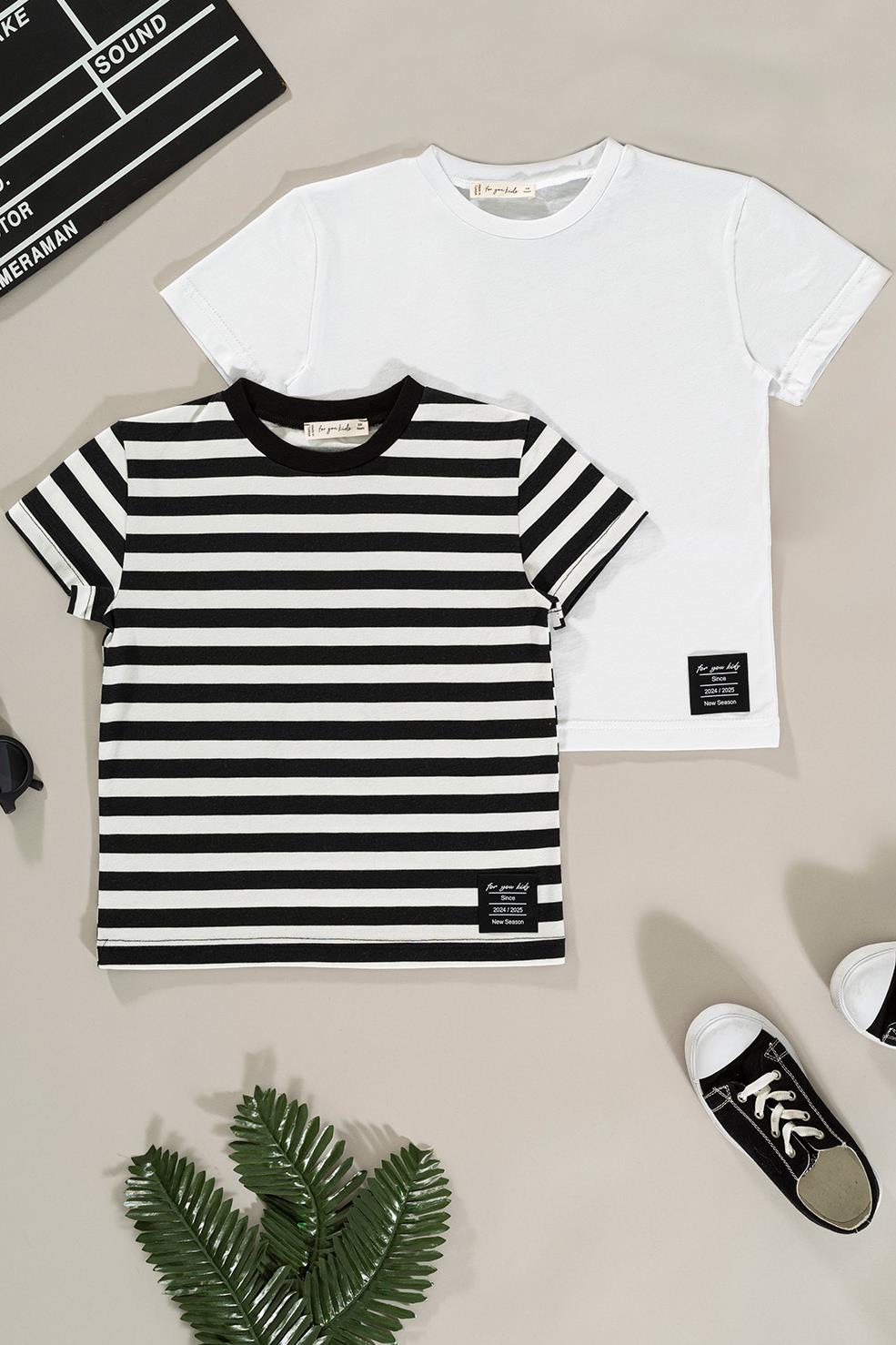 For You Kids 2'li Etiket Detaylı Cizgili Siyah Beyaz Tshirt For You Kids 2'li Etiket Detaylı Cizgili Siyah Beyaz Tshirt