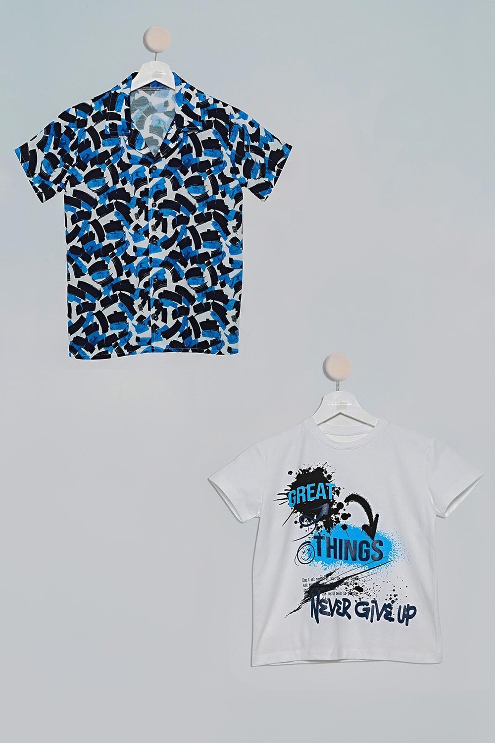 2'li Fırça Baskılı Gömlek Tshirt Sax Takım For You Kids 2'li Fırça Baskılı Gömlek Tshirt Saks Takım