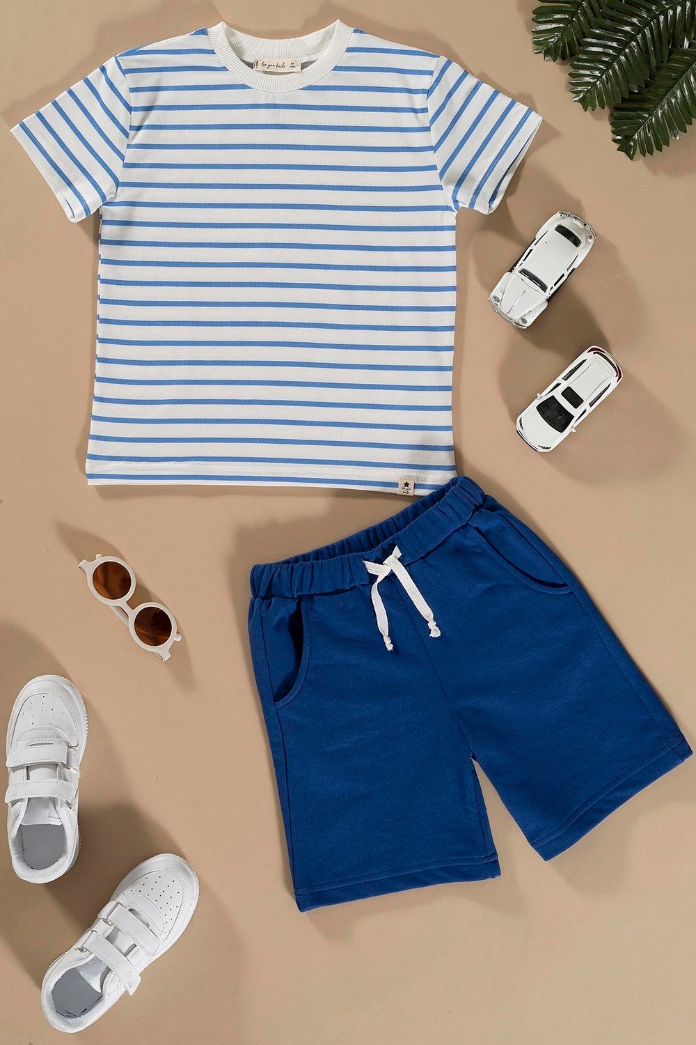 Çizgili Saks Tshirt Şort Takım  For You Kids Çizgili Saks Tshirt Şort Takım 