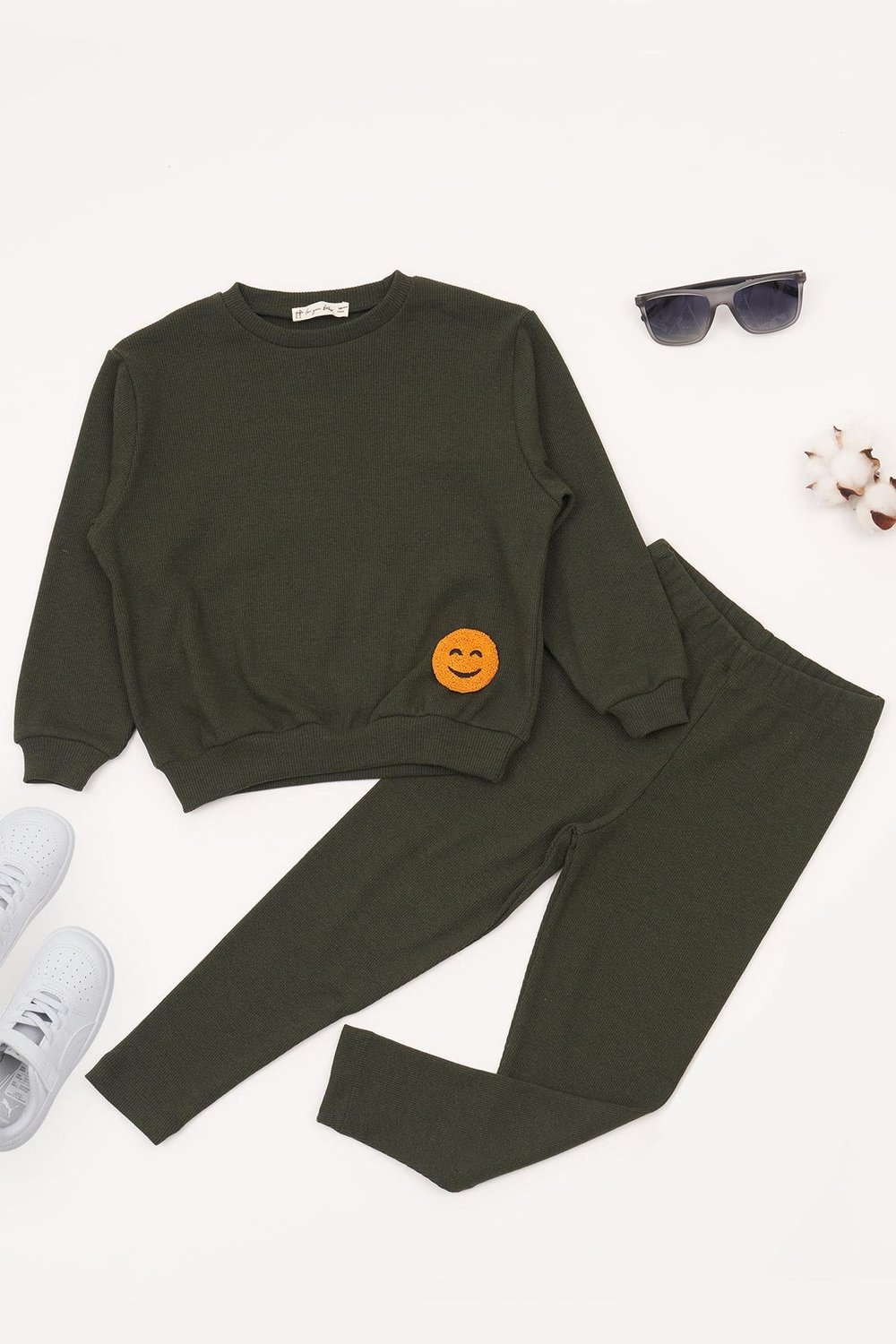 For You Kids Emoji Nakışlı Taytlı Yeşil Alt Üst Takım For You Kids Emoji Nakışlı Taytlı Yeşil Alt Üst Takım