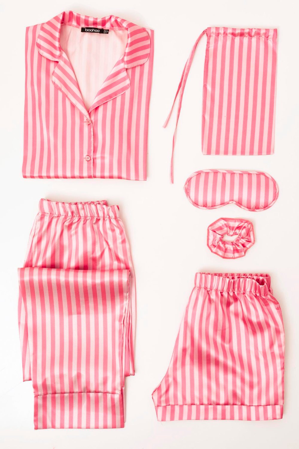 For You Moda Kadın 7 li Pembe Krem Çizgili Saten Pijama Takımı For You Moda 7'li Pembe Krem Çizgili Saten Pijama Takımı