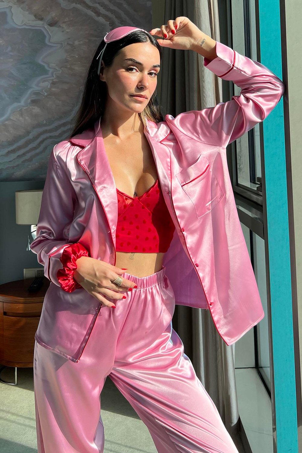 For You Sleepwear 5'li Bustiyerli Biyeli Pembe Saten Pijama Takımı For You Sleepwear 5'li Bustiyerli Biyeli Pembe Saten Pijama Takımı