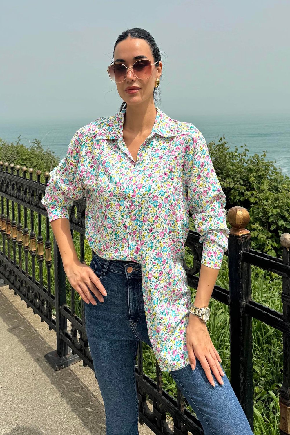 For You Woman Çiçek Desen Pembe Mavi Viskon Gömlek For You Woman Çiçek Desen Pembe Mavi Viskon Gömlek