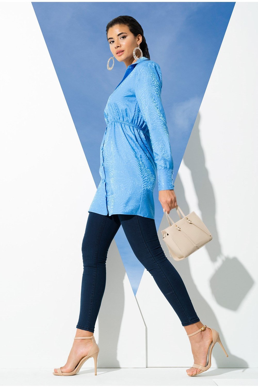 For You İn&Out/For You Moda For You Woman For You Woman Saten Jakarlı Vatkalı Mavi Gömlek