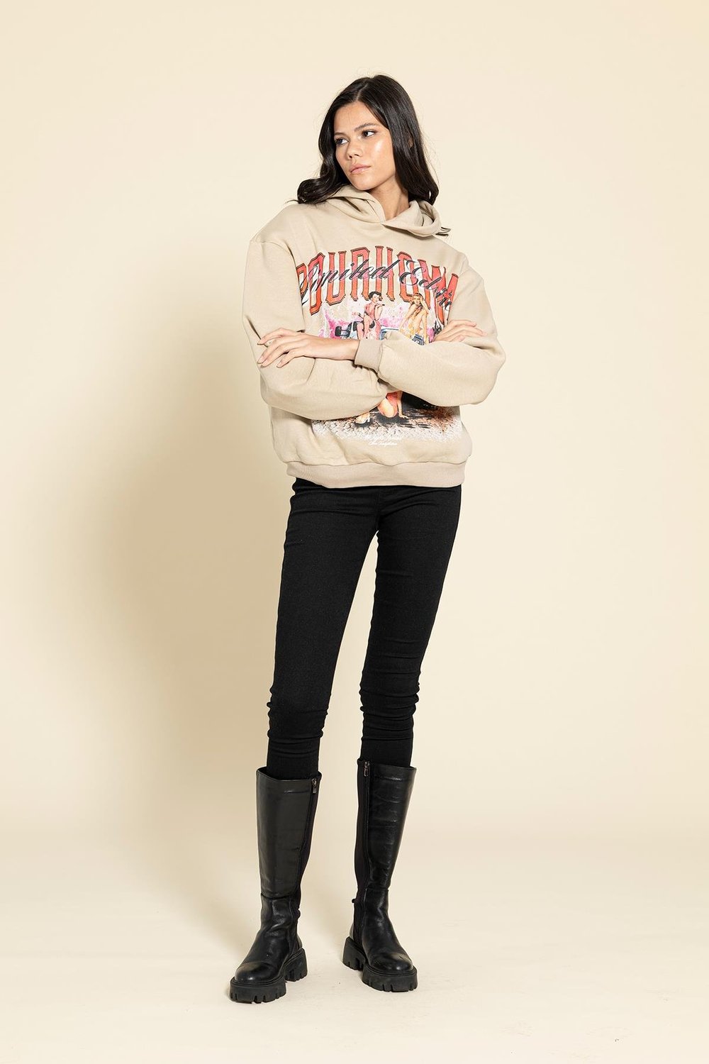 For You Woman Oversize Kapişonlu Baskılı Taş Sweatshirt  For You Woman Oversize Kapişonlu Baskılı Taş Sweatshirt