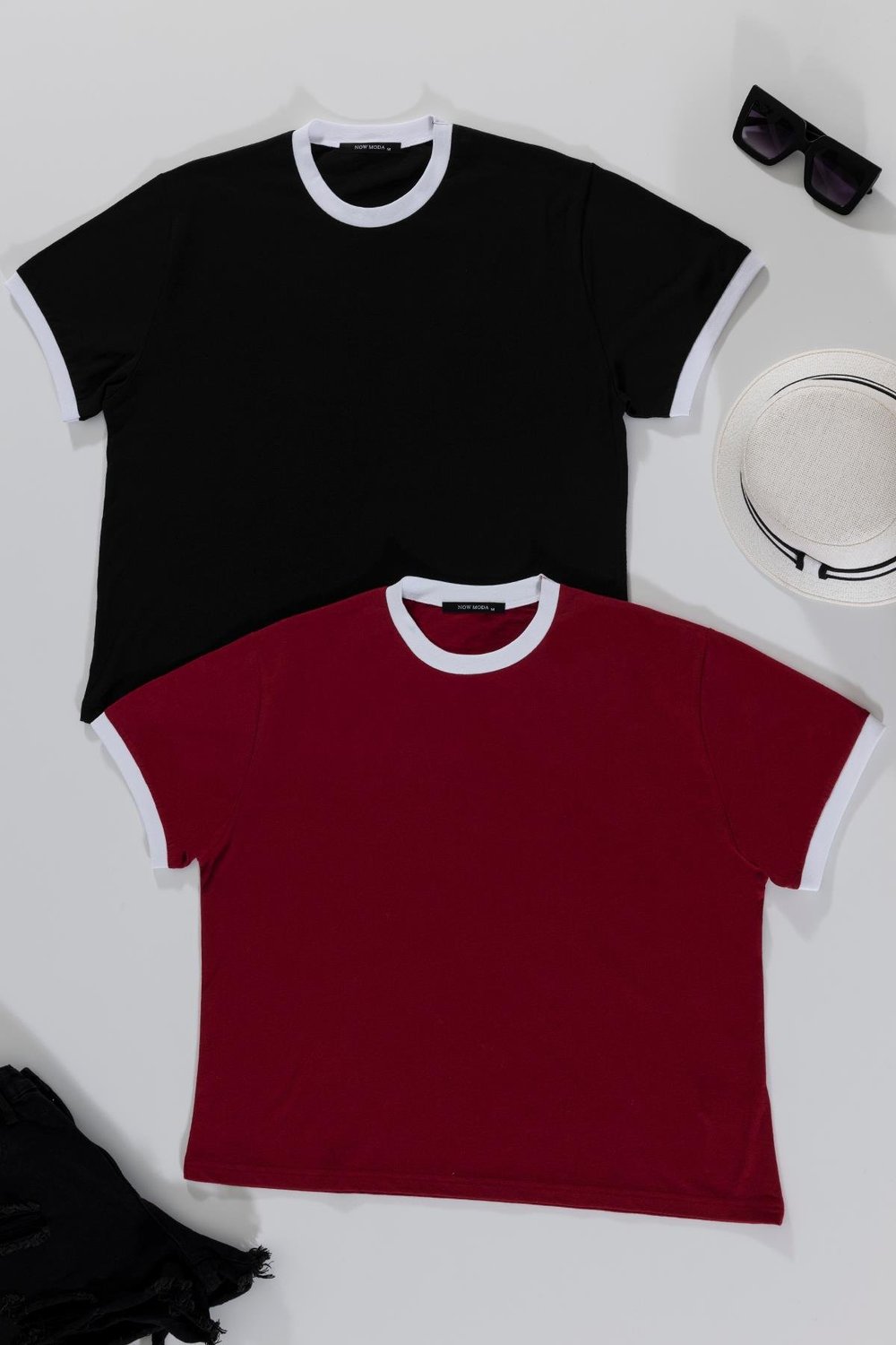 Now Moda 2'li Garnili Bordo Siyah Tshirt Now Moda 2'li Garnili Bordo Siyah Tshirt