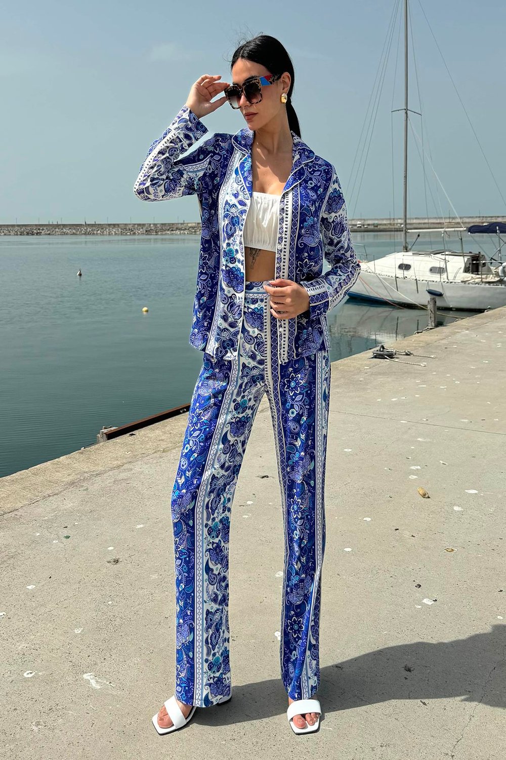 Now Moda 3'lü Viskon Desenli Bustiyer Pantolon Mavi Takım Now Moda 3'lü Viskon Desenli Bustiyer Pantolon Mavi Takım