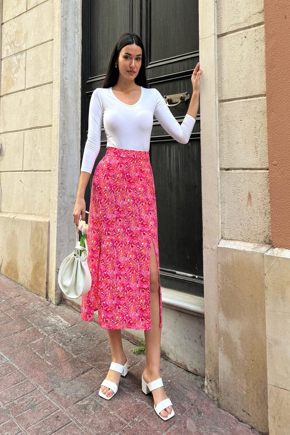 Now Moda Doğal Viskon Çift Yırtmaç Desenli Fuşya Etek Now Moda Doğal Viskon Çift Yırtmaç Desenli Fuşya Etek