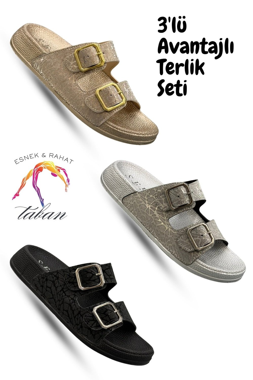 SERMODA , Terlik , Sermoda 3 lü Kadın Terlik Seti  – Ayarlanabilir Çift Tokalı Rahat Kadın Terlik
