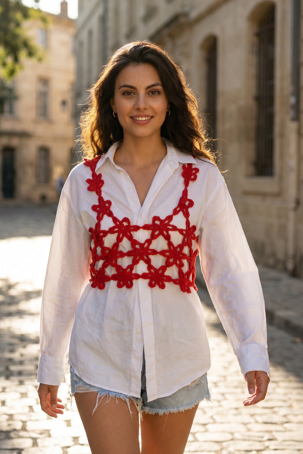ACR Craft Kırmızı Çiçekli  El Örgüsü Crop Top 