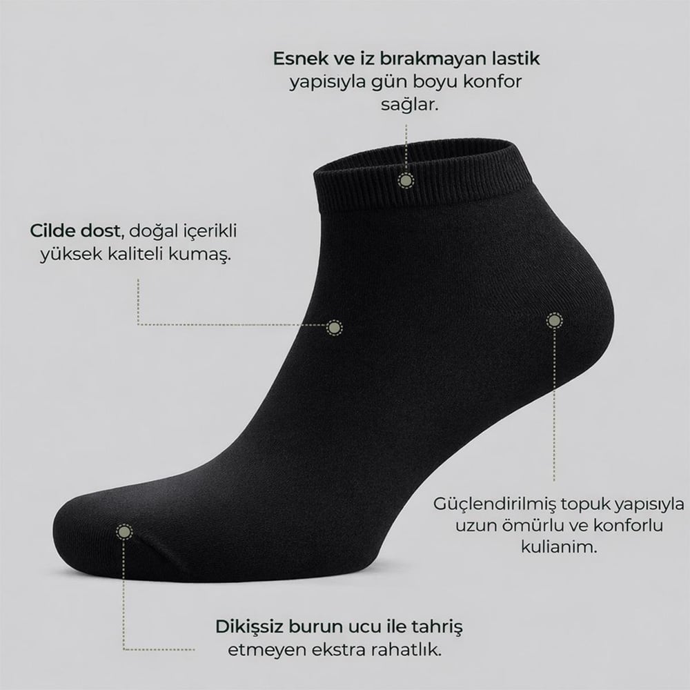 3 Çift Erkek Bambu Patik Çorap Siyah