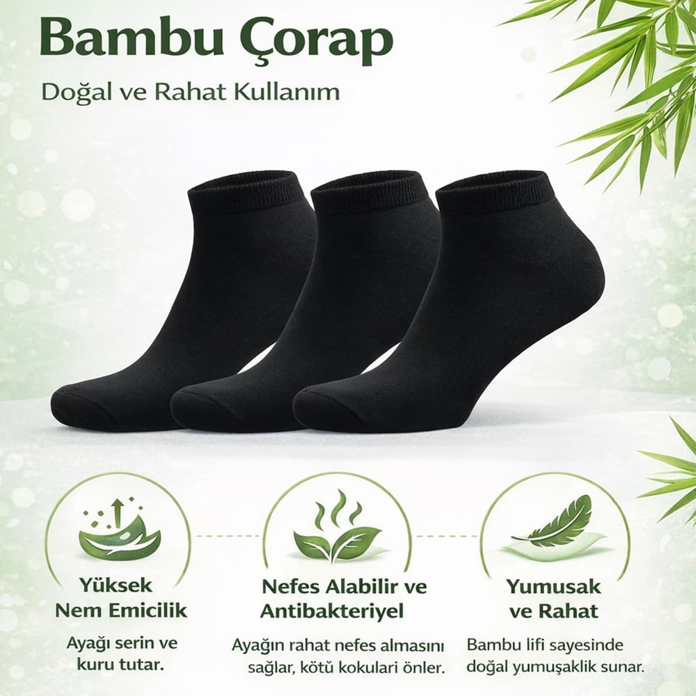 3 Çift Erkek Bambu Patik Çorap Siyah