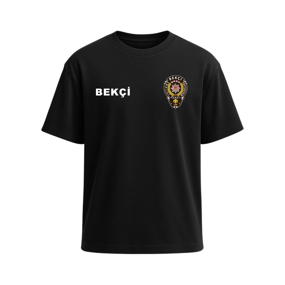 Bekçi Baskılı Bisiklet Yaka Tişört Siyah