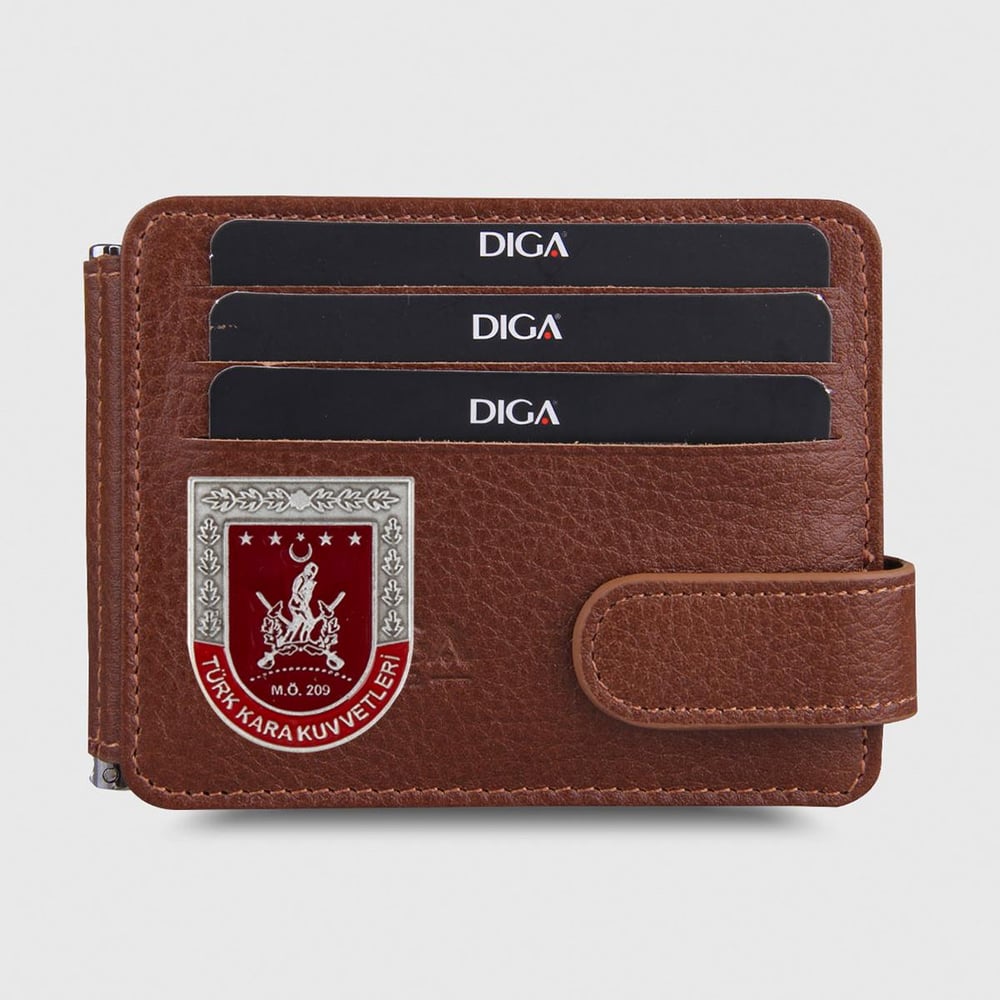Hakiki Deri Çift Taraflı Para Tokalı Mini Rozetli Türk Kara Kuvvetleri Cüzdanı Taba
