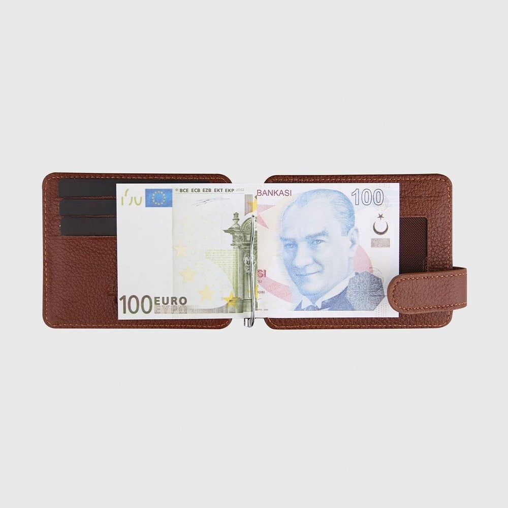 Hakiki Deri Çift Taraflı Para Tokalı Mini Rozetli Türk Kara Kuvvetleri Cüzdanı Taba