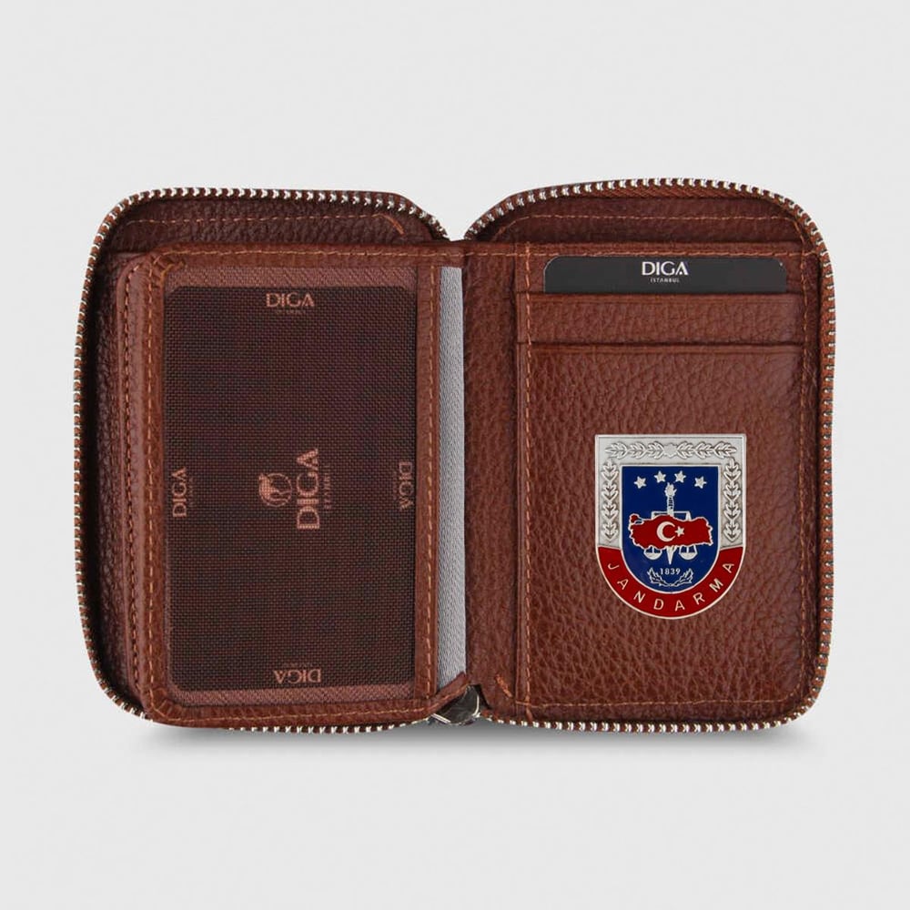 Hakiki Deri Fermuarlı Mini Rozetli Jandarma Cüzdanı Taba