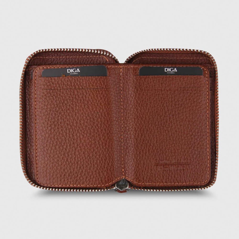 Hakiki Deri Fermuarlı Mini Rozetli Polis Cüzdanı Taba