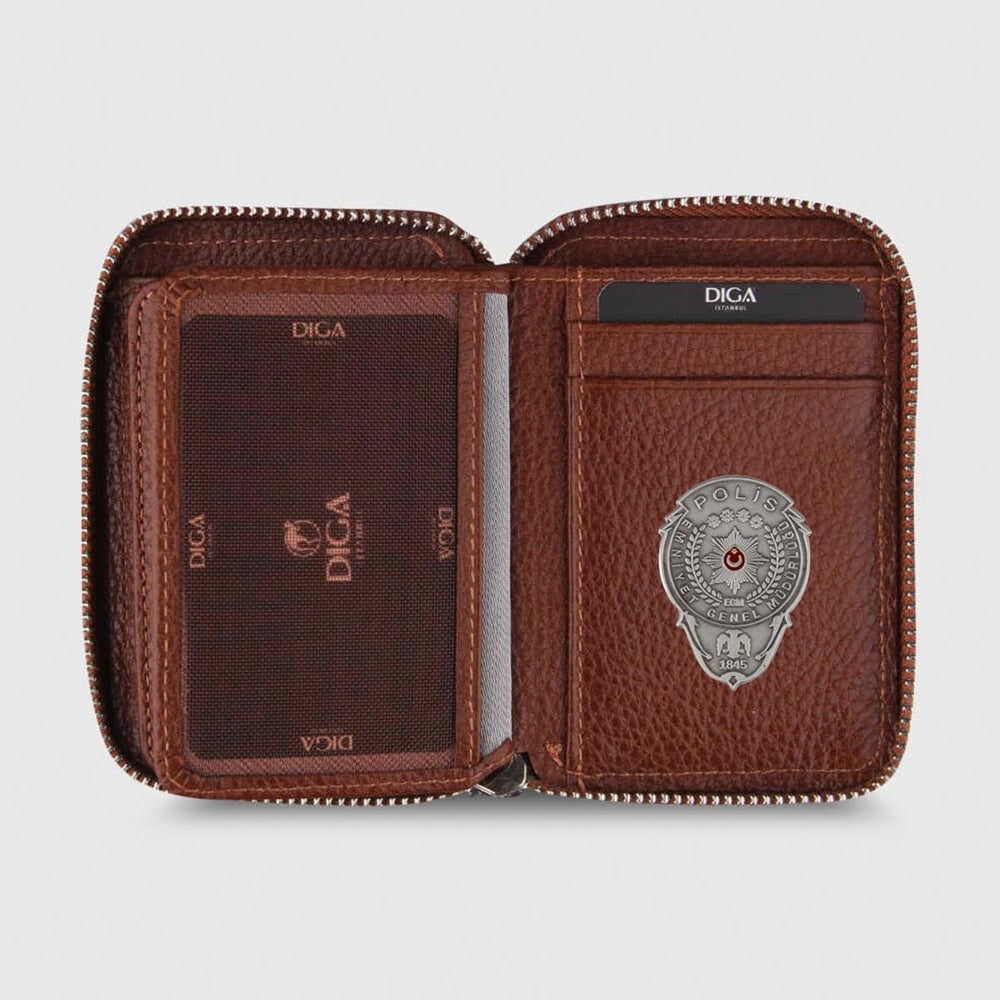 Hakiki Deri Fermuarlı Mini Rozetli Polis Cüzdanı Taba