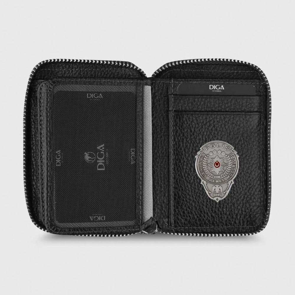 Hakiki Deri Fermuarlı Mini Rozetli Polis Cüzdanı Siyah