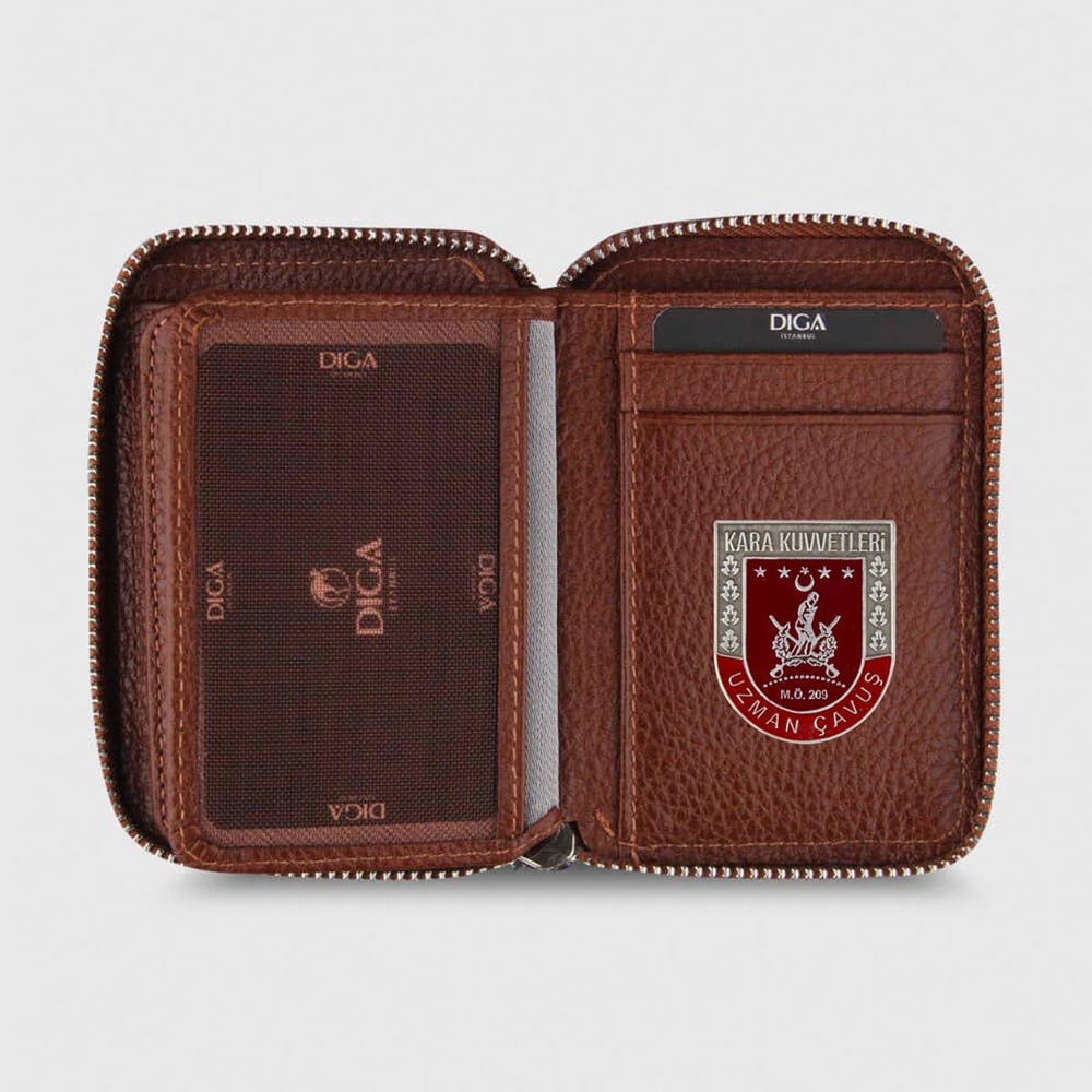Hakiki Deri Fermuarlı Mini Rozetli Uzman Çavuş Cüzdanı Taba