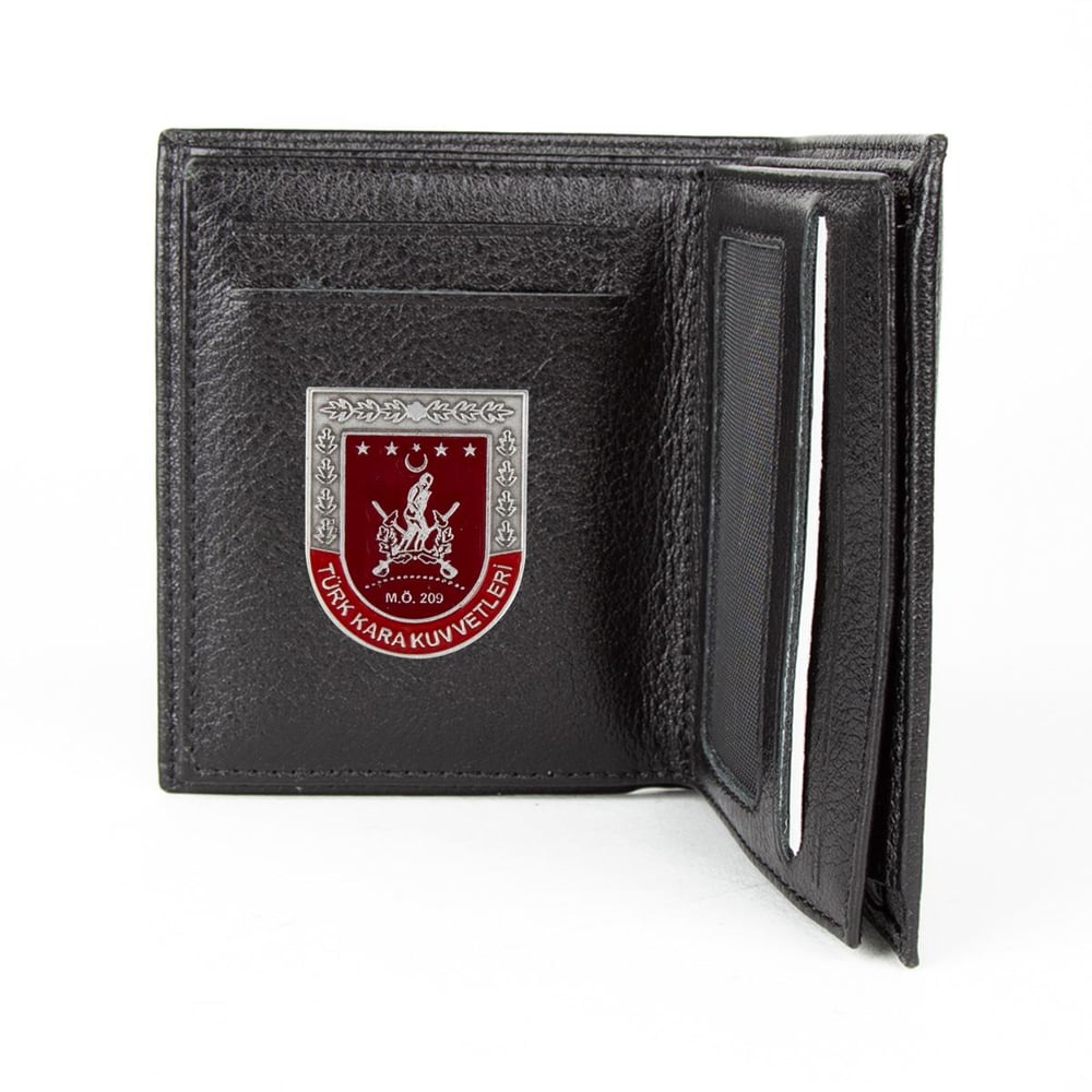 Hakiki Deri Fonksiyonel Model Mini Rozetli Türk Kara Kuvvetleri Cüzdanı Siyah