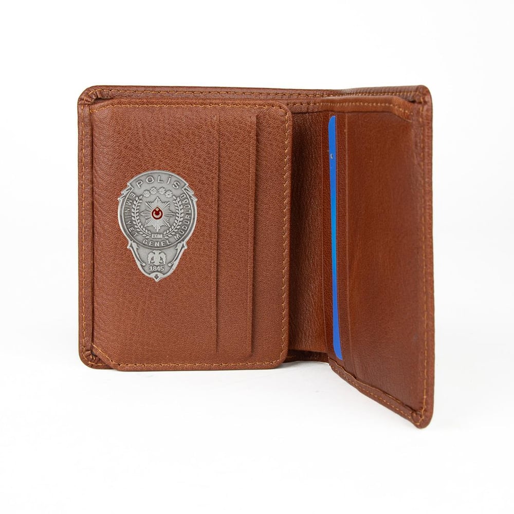 Hakiki Deri Klasik Model Mini Rozetli Polis Cüzdanı Taba