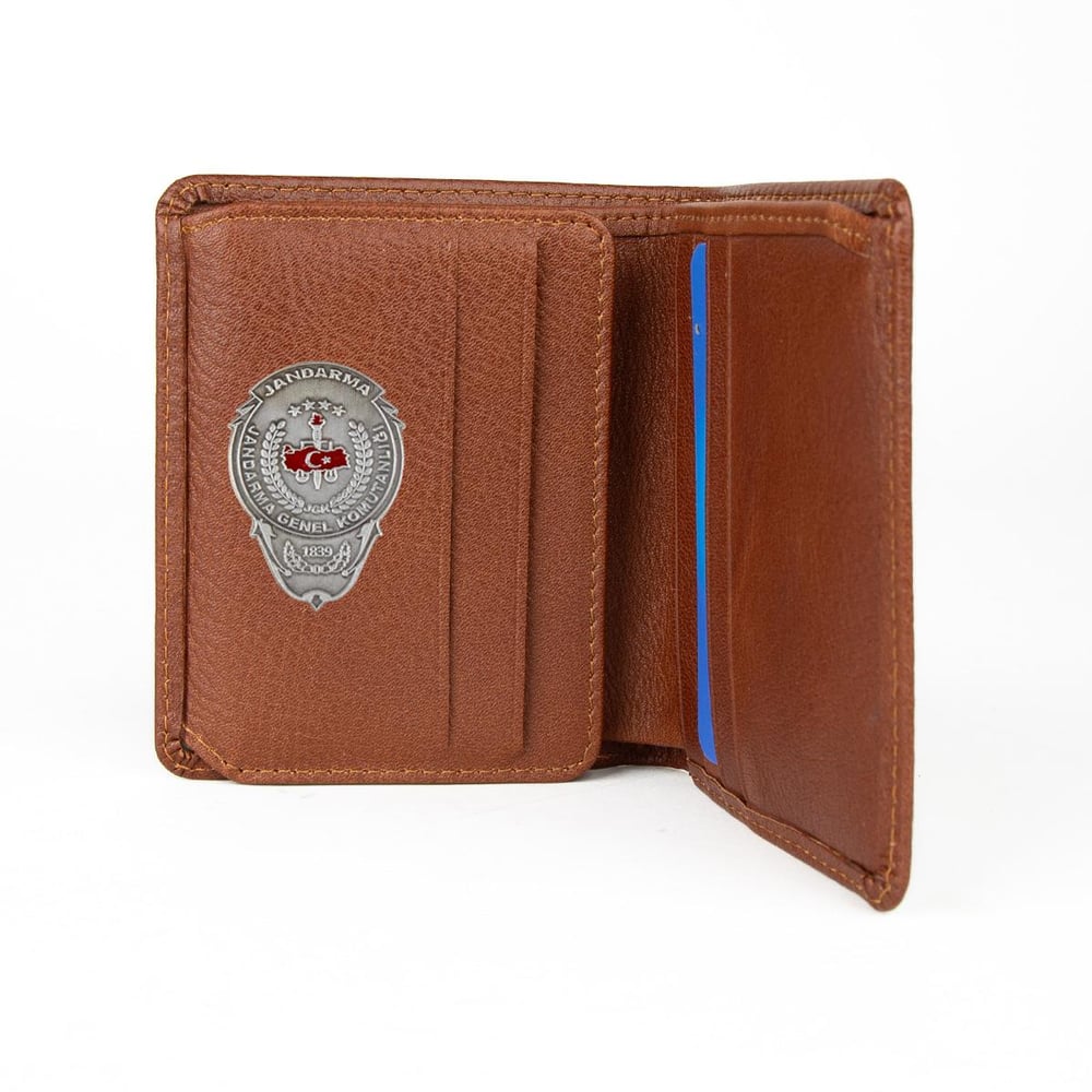 Hakiki Deri Klasik Model Mini Rozetli Jandarma Genel Komutanlığı Cüzdanı Taba