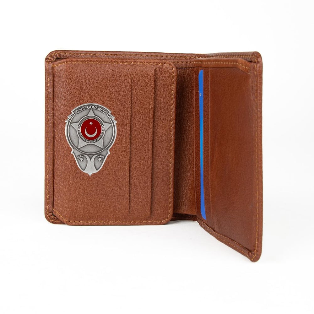 Hakiki Deri Klasik Model Mini Rozetli Özel Güvenlik Cüzdanı Taba