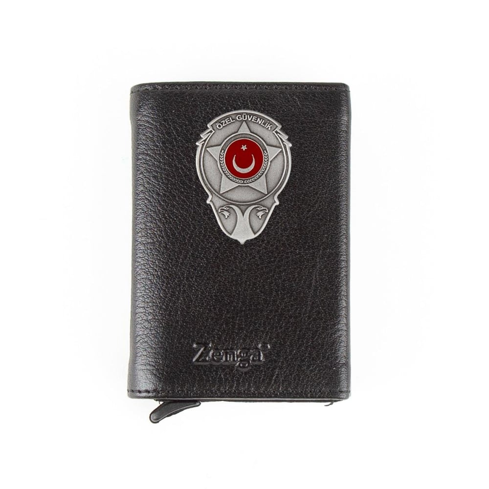 Hakiki Deri Otomatik Mekanizmalı Mini Rozetli Özel Güvenlik Kartlık Siyah