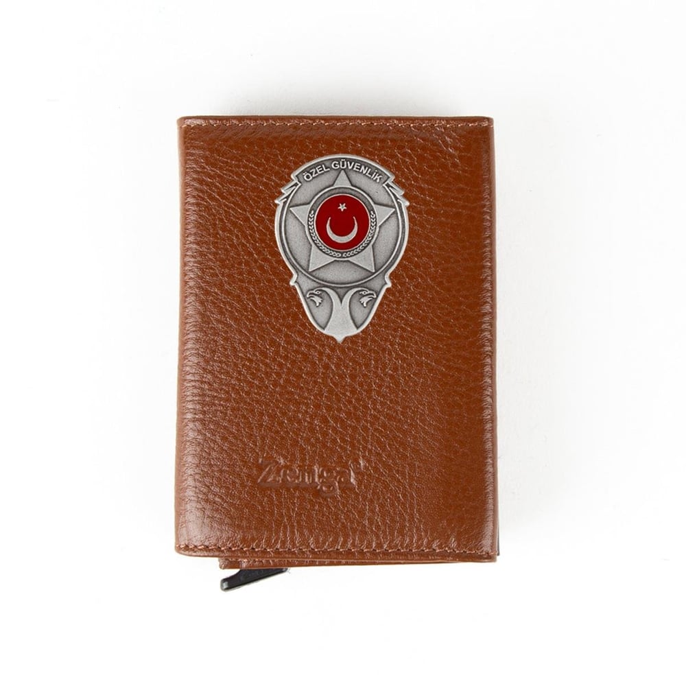 Hakiki Deri Otomatik Mekanizmalı Mini Rozetli Özel Güvenlik Kartlık Taba