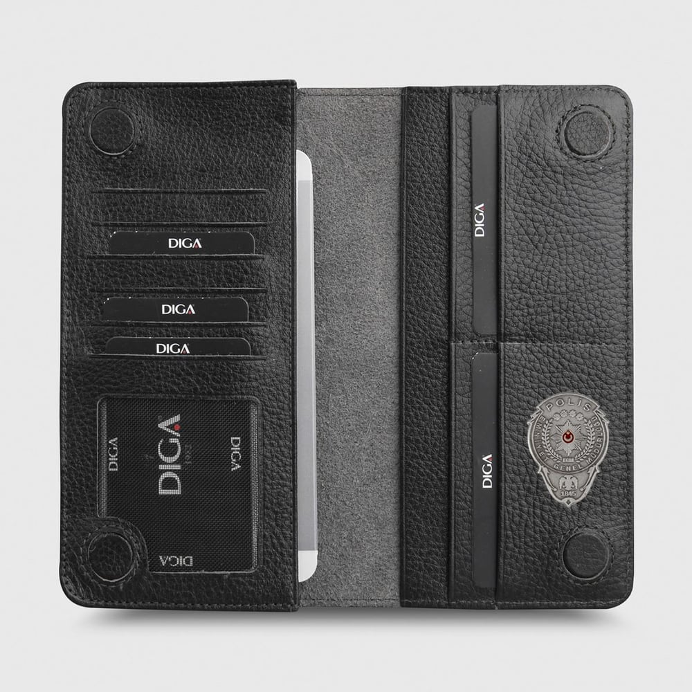 Hakiki Deri Portföy Modeli Telefon Gözlü Mini Rozetli Polis Cüzdanı Siyah