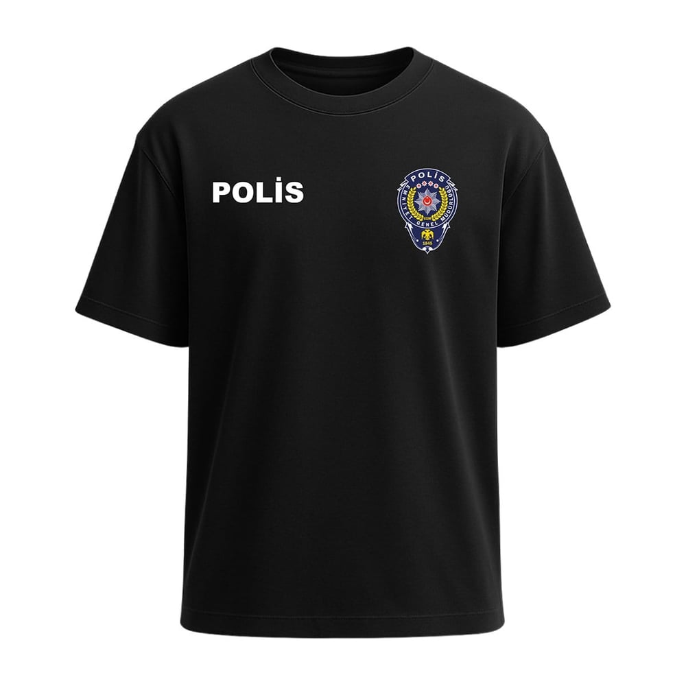 Polis Tişört Baskılı Bisiklet Yaka Pamuklu Kumaş Siyah