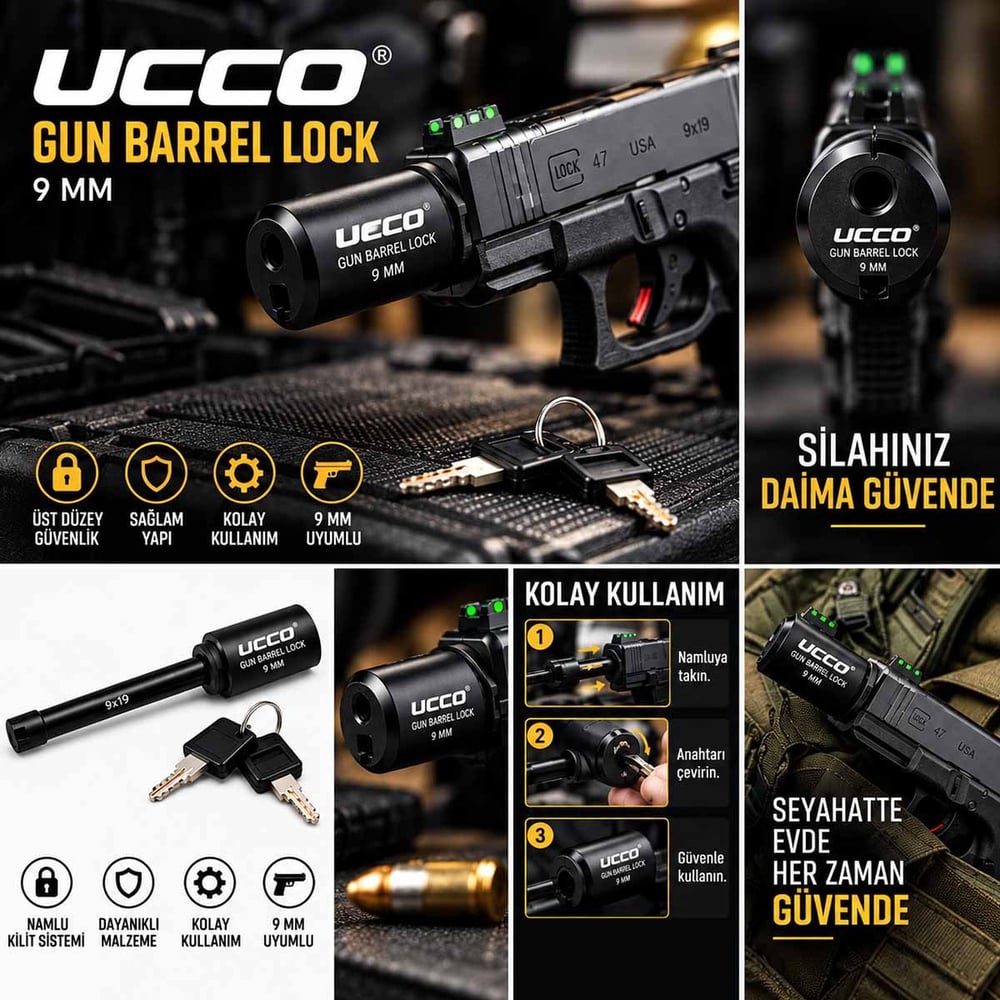 UCCO Tabanca Namlu Kilidi 9mm - Anahtarlı Mekanik Emniyet Sistemi
